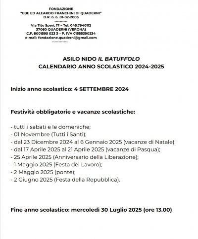 Nido: calendario scolastico 2024/2025