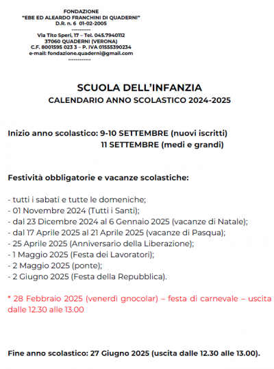 Scuola dell'infanzia: calendario scolastico 2024/2025